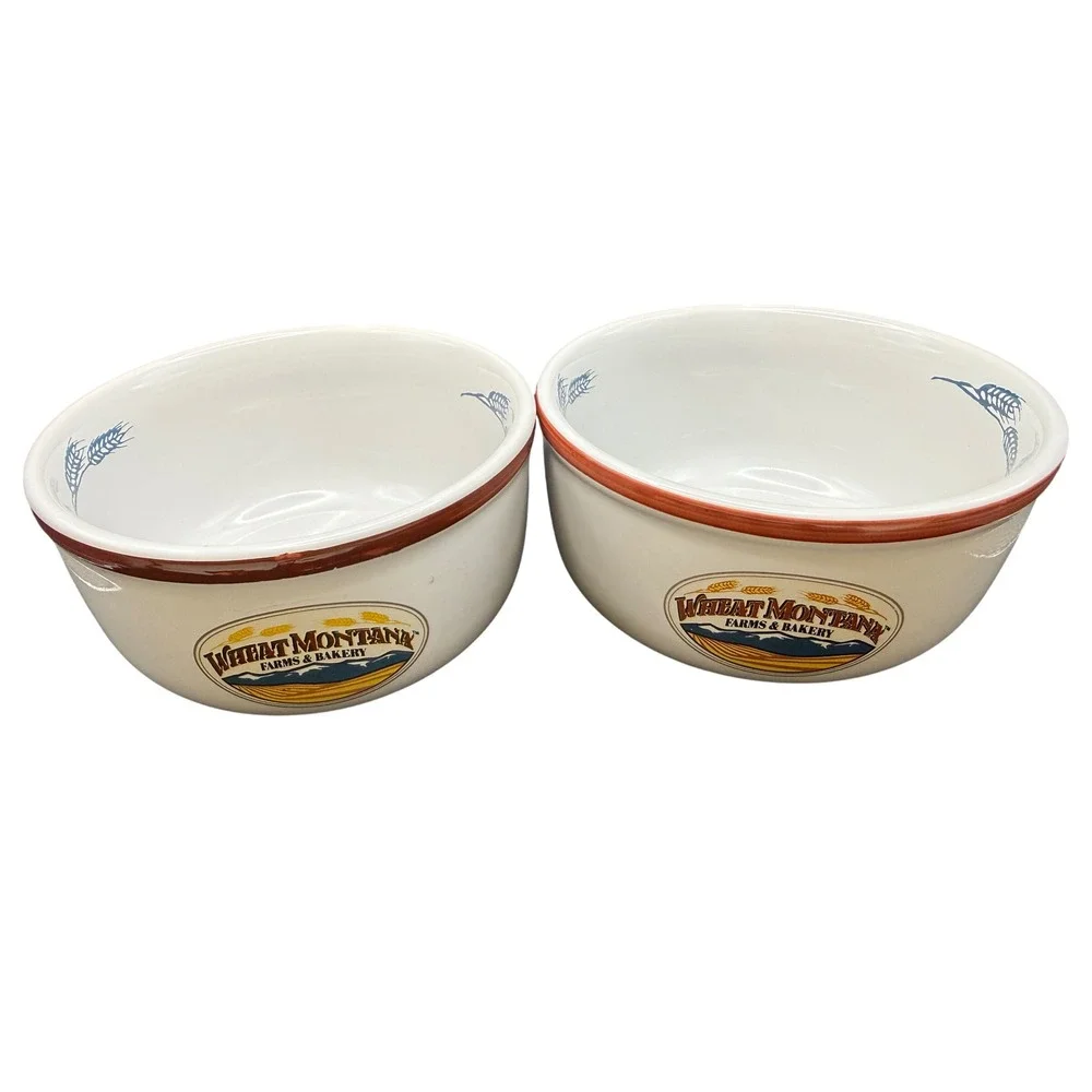 Wheat Montana Farms & Bakery Ceramic Bowls Set of 2 White Brown Rim 6 Inch